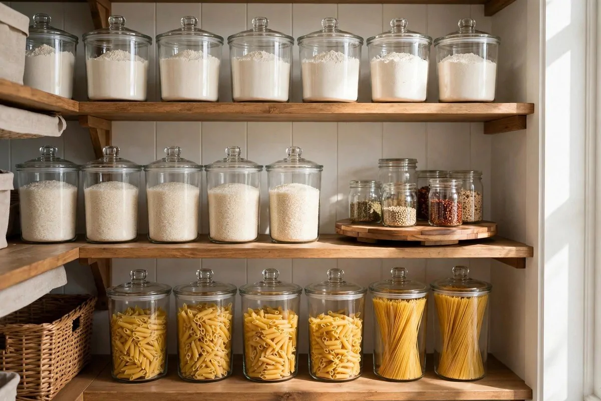 Organized pantry with clear glass containers and a lazy susan in neat rows
