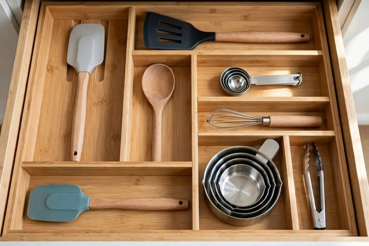 Open kitchen drawer with dividers organizing cooking utensils and tools