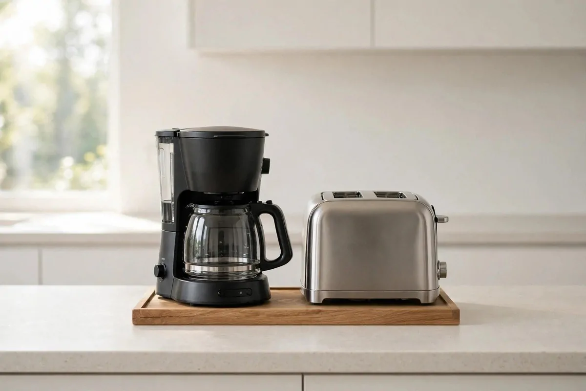 Minimal kitchen counter with coffee maker and toaster on a wooden tray