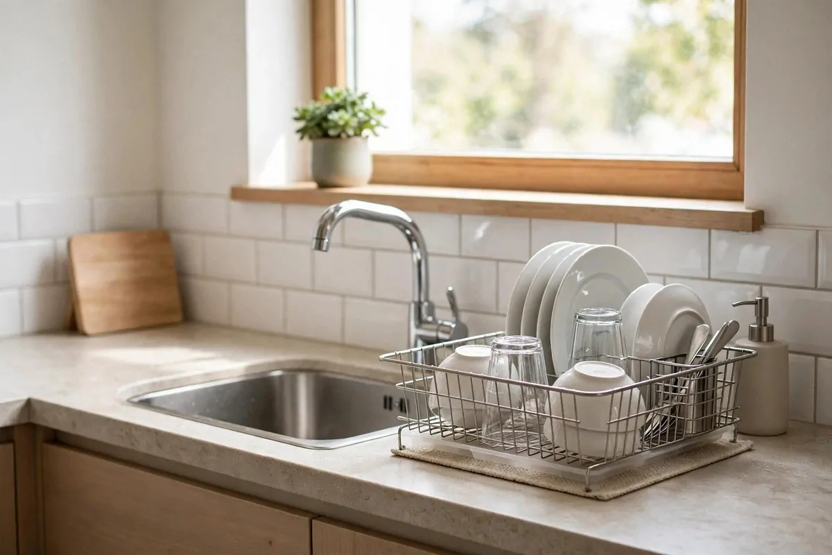 Clean kitchen sink area with a dish rack and small plant on the windowsill