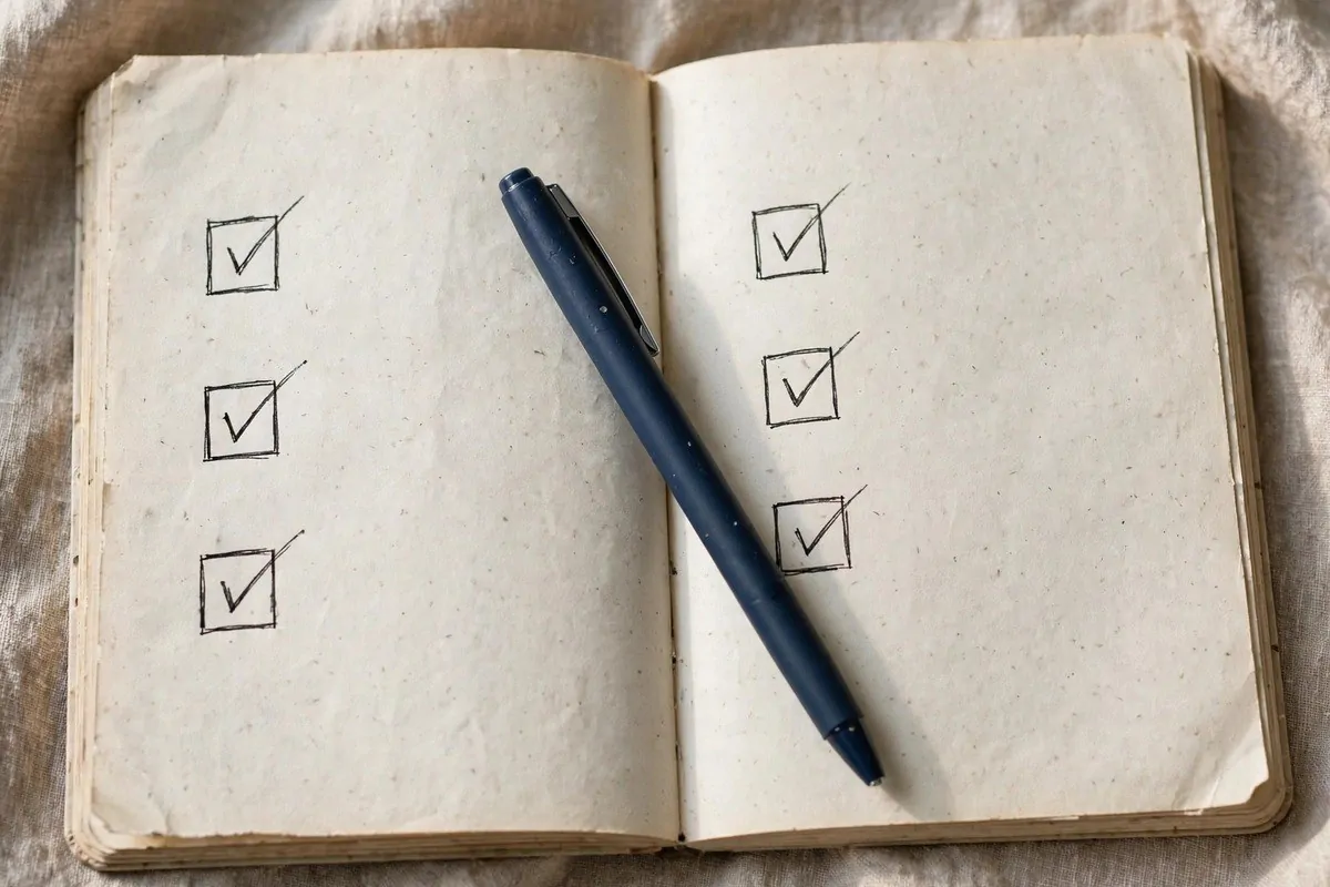 Open notebook with checked boxes beside a pen