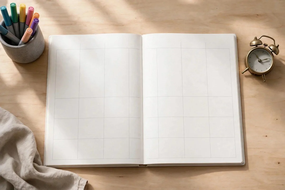 Open weekly planner with markers and an alarm clock on a desk
