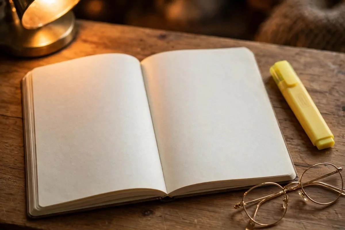 Open notebook with a yellow highlighter and glasses under lamplight