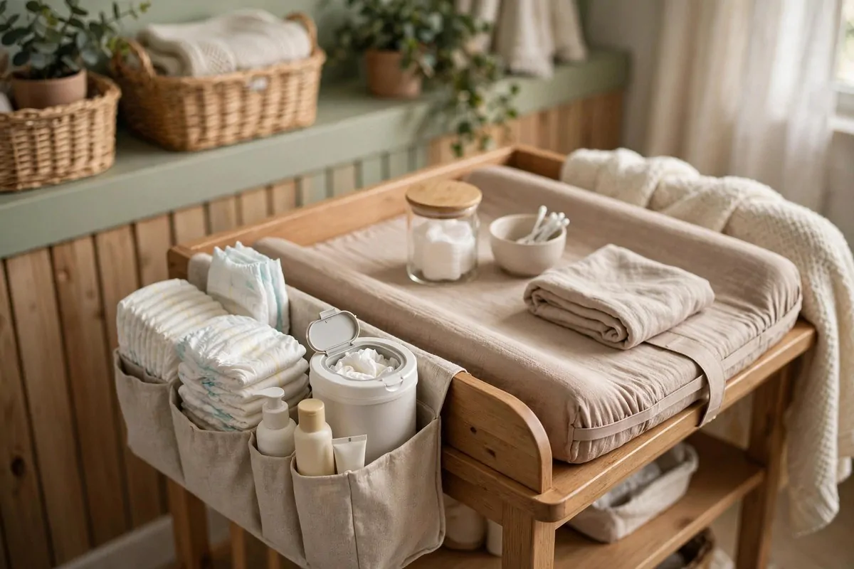 How to Organize My Life After Having a Baby 2 A well-stocked diaper changing station with a caddy of diapers, wipes, and cream