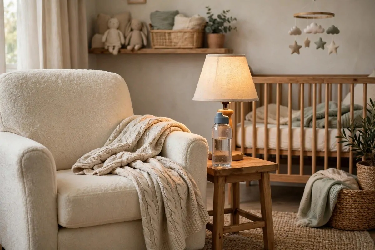 How to Organize My Life After Having a Baby 3 A cozy feeding corner with an armchair, a small side table, and a lamp