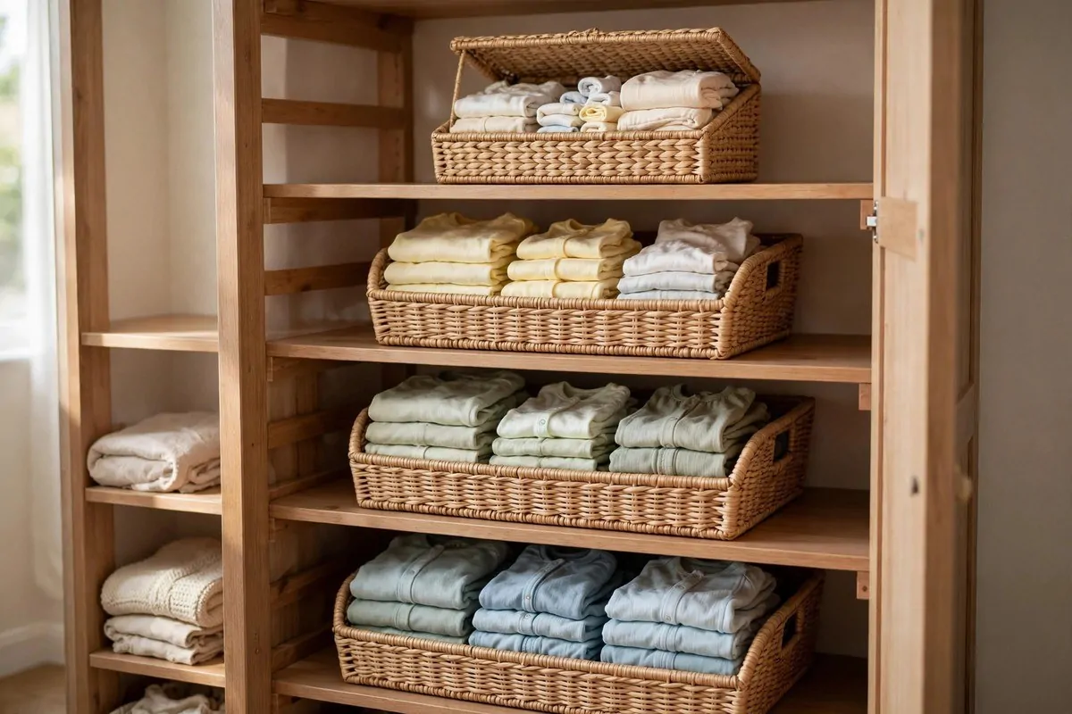 How to Organize My Life After Having a Baby 5 Wicker baskets holding neatly folded baby clothes on wooden closet shelves