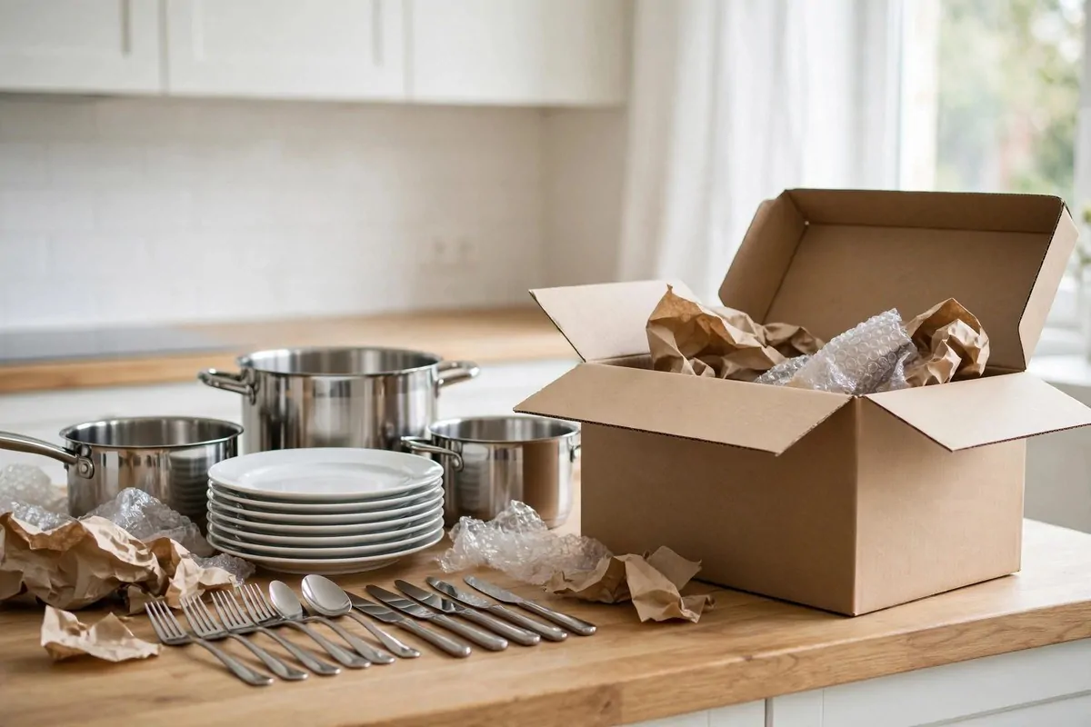 Unpacking kitchen boxes with pots, plates, and utensils on a clean counter