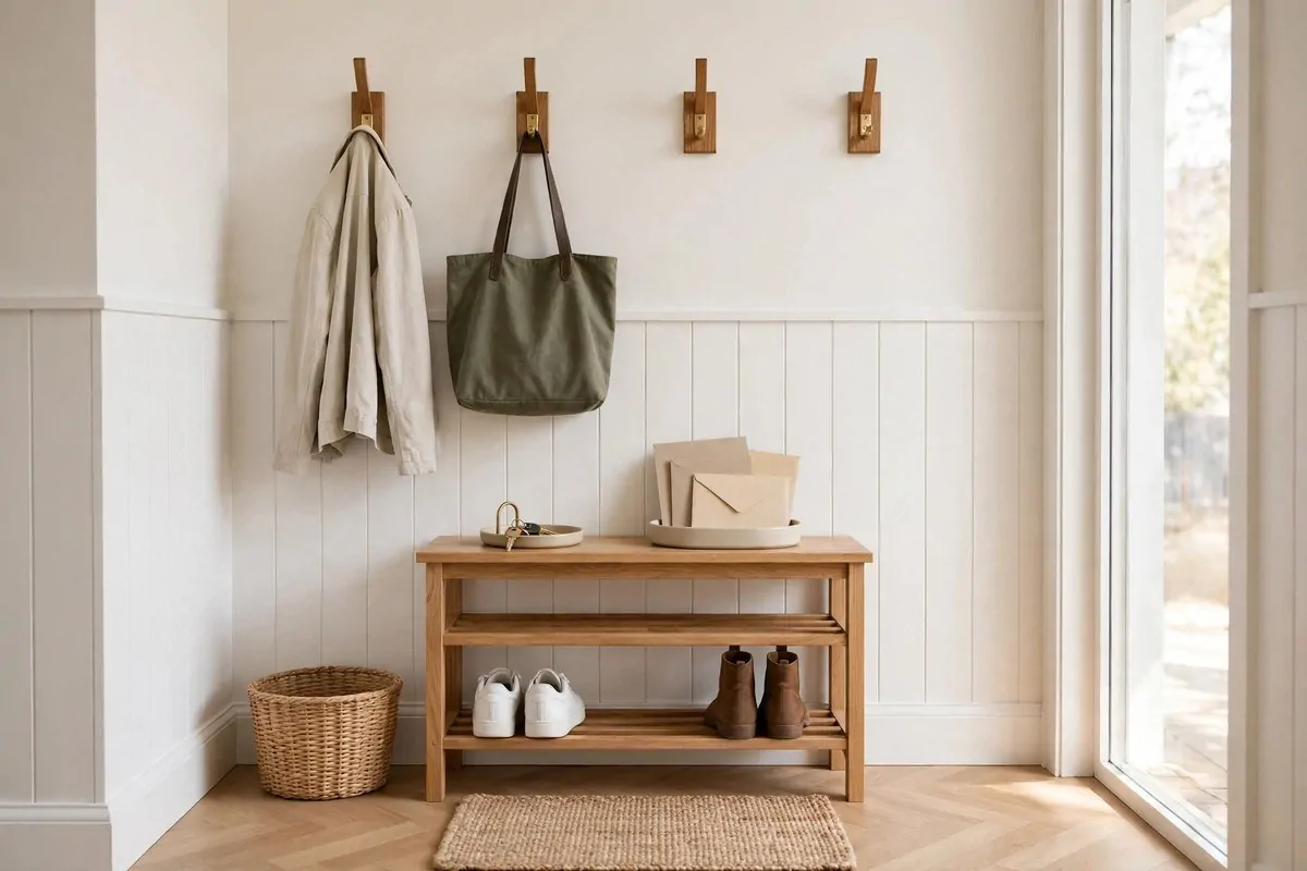 A tidy entryway with wall hooks, a key tray, and a shoe rack