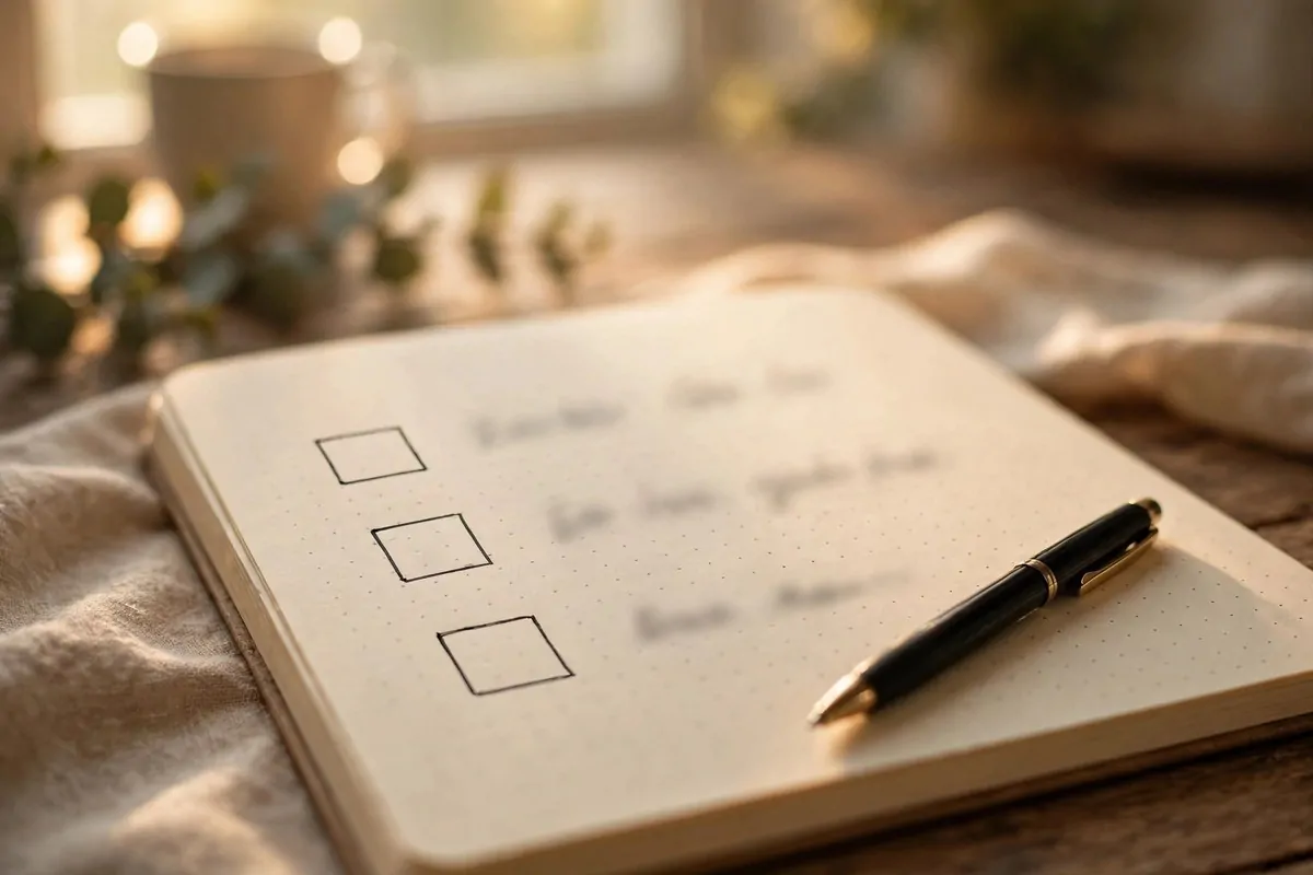 Notebook page with three checkboxes and a pen on a cozy desk