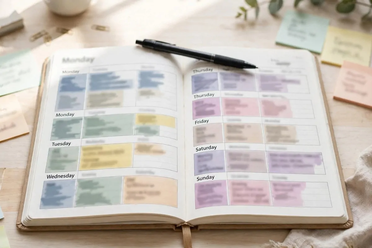 Open paper planner with weekly schedule and pen, time blocking concept