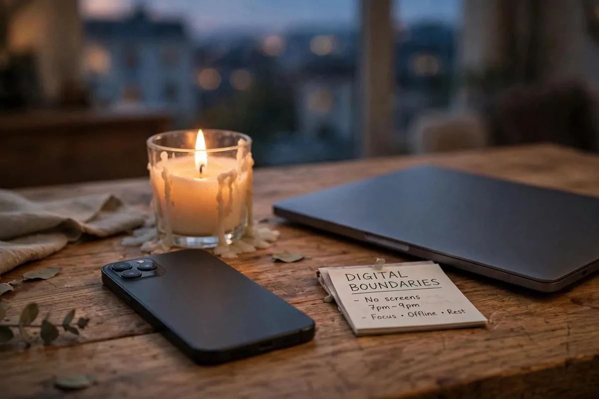 Smartphone placed face down on a wooden desk next to a lit candle and closed laptop