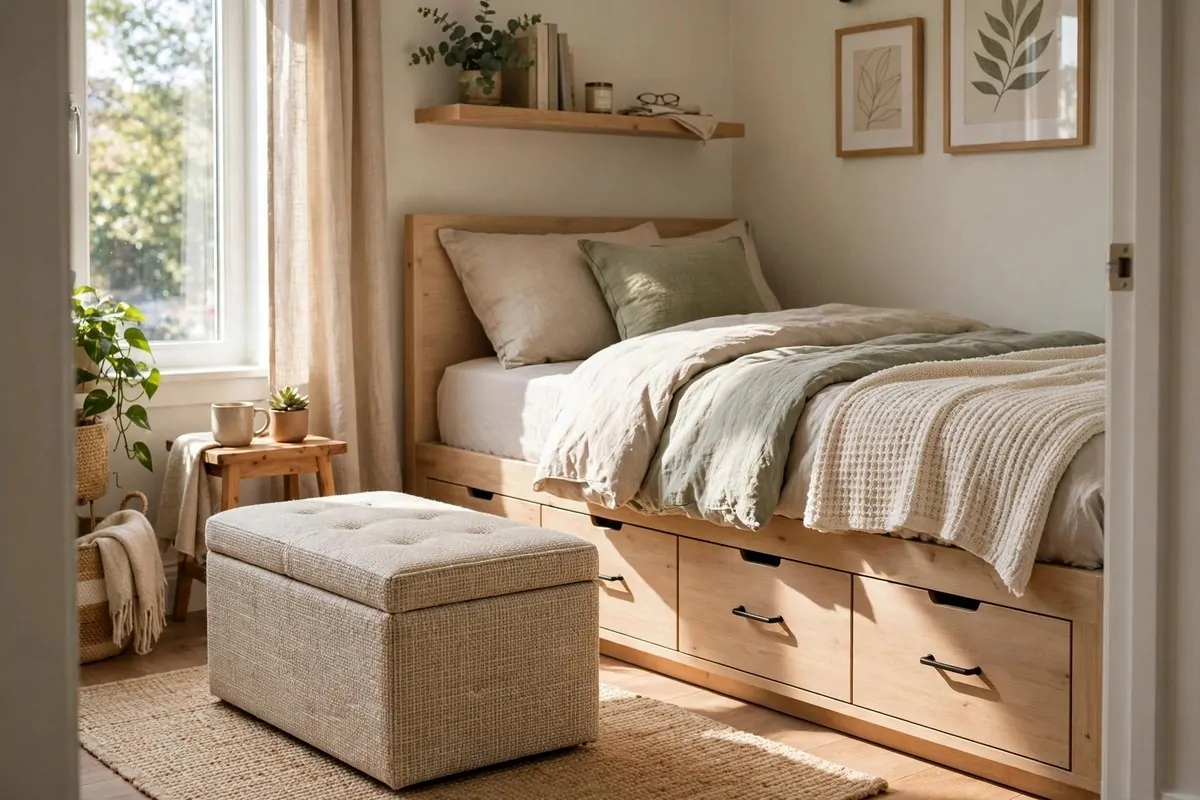 Storage ottoman and bed with built-in drawers in a small cozy bedroom