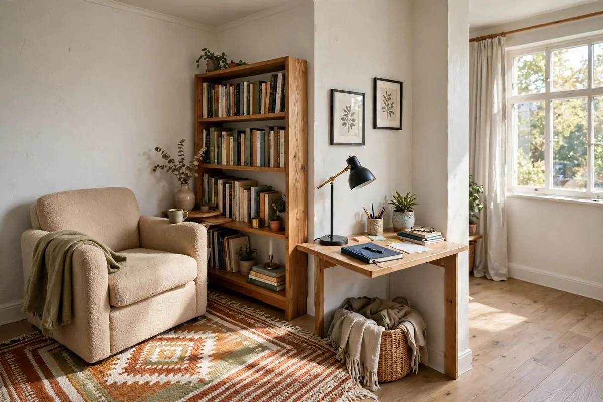 Small living room with a rug defining a reading corner and tiny work desk