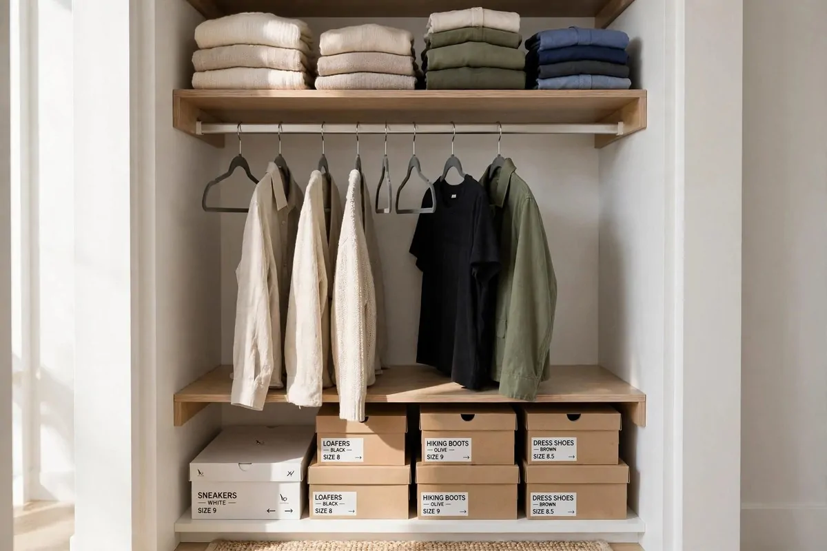 Small tidy closet with slim hangers, folded clothes and shoe boxes