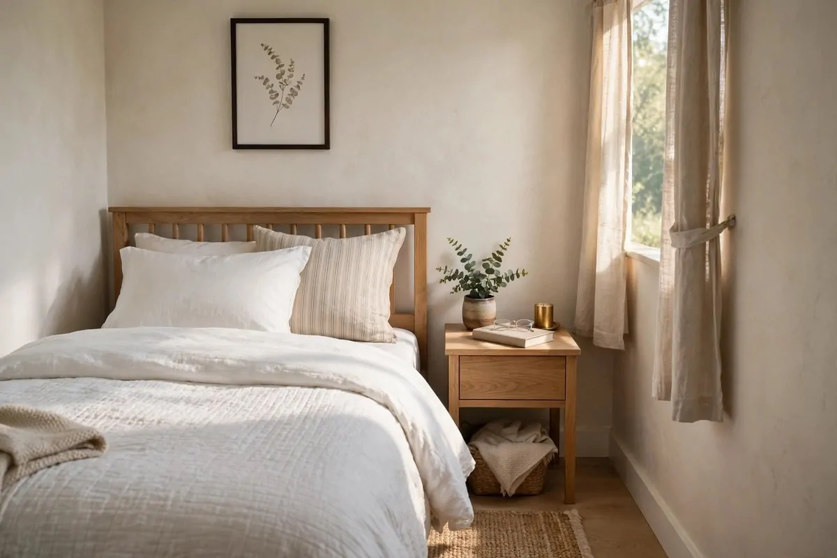 Neatly made bed in a small bedroom with morning light and tidy nightstand