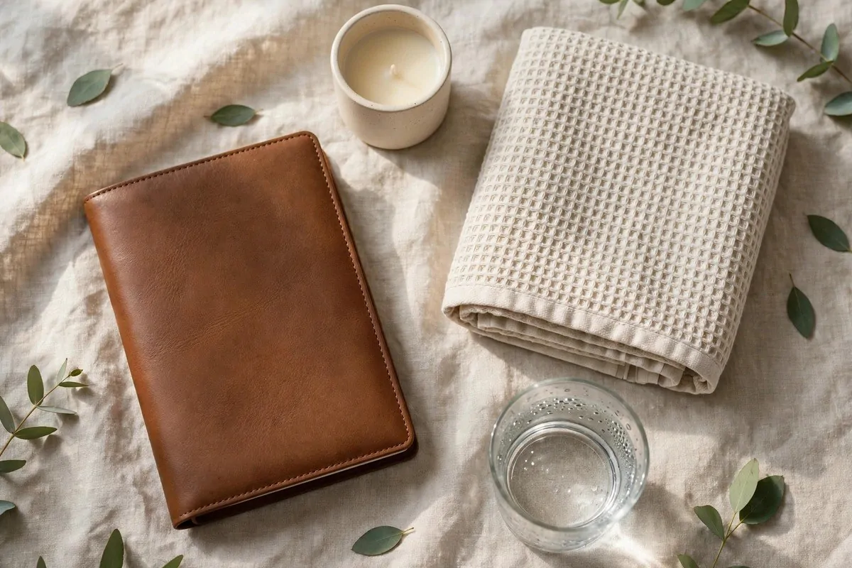 Leather journal with a glass of water, a candle and a folded towel on linen