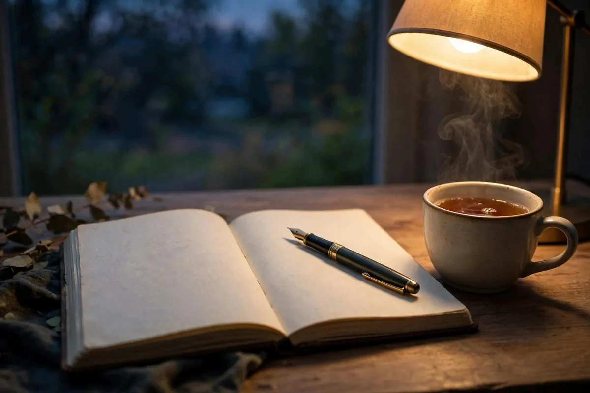 Open journal with a fountain pen beside a steaming cup of tea under lamplight