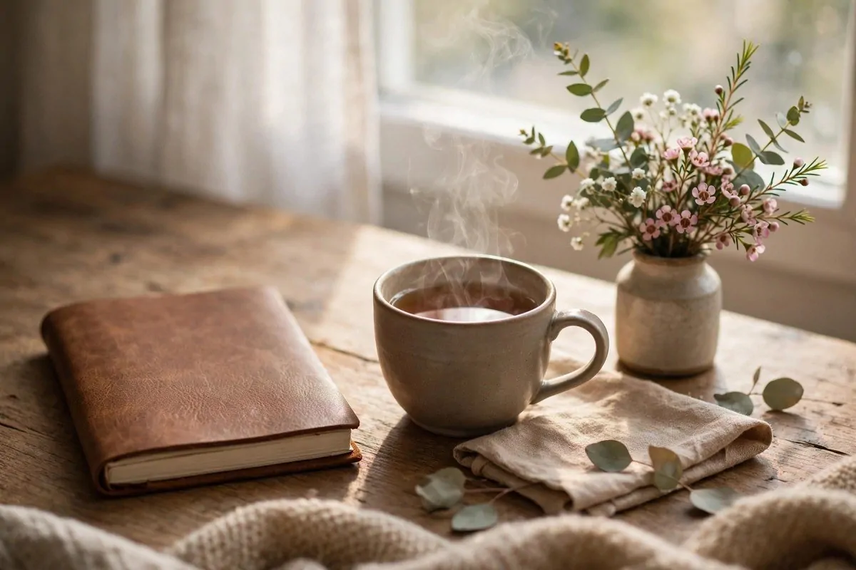 Closed journal and a steaming cup of tea with flowers on a wooden table