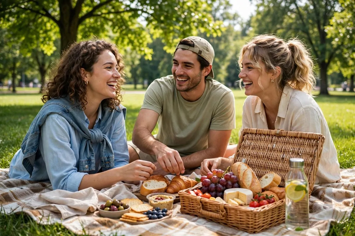 Three friends laughing at a picnic with a basket of food in a sunny park