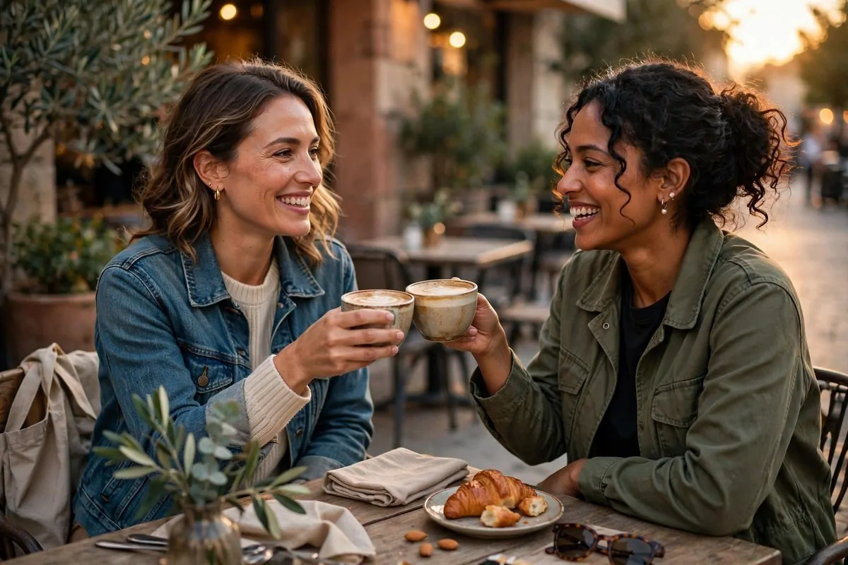 Two friends smiling and clinking coffee cups at an outdoor cafe