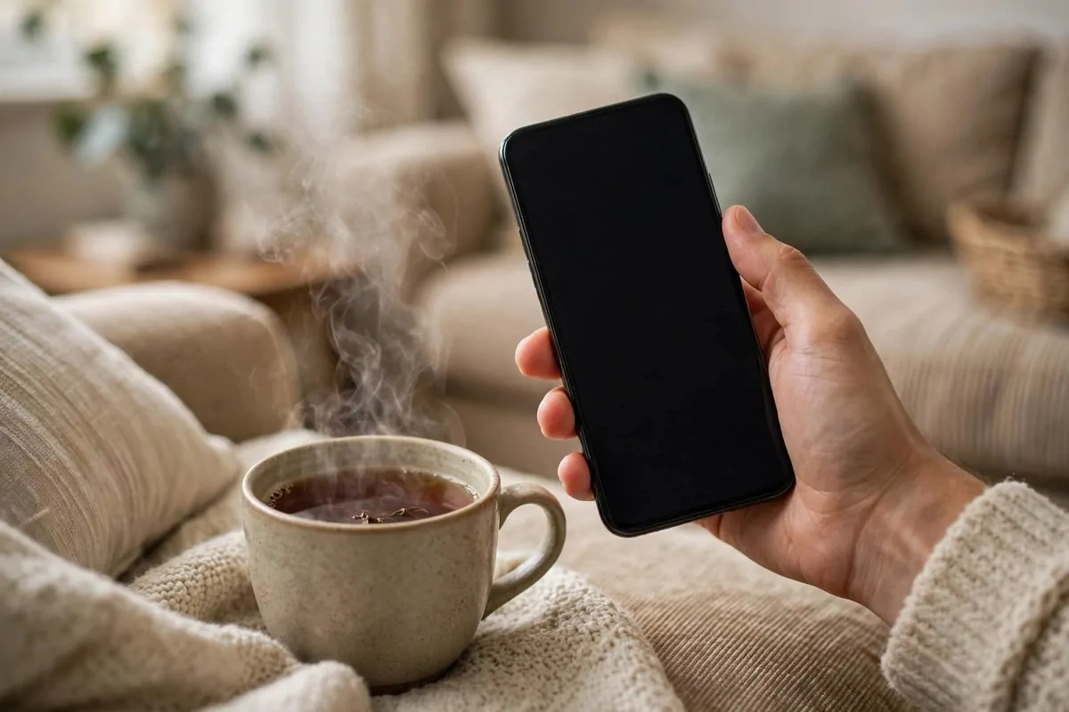 Hand holding a phone beside a steaming cup of tea on a cozy sofa