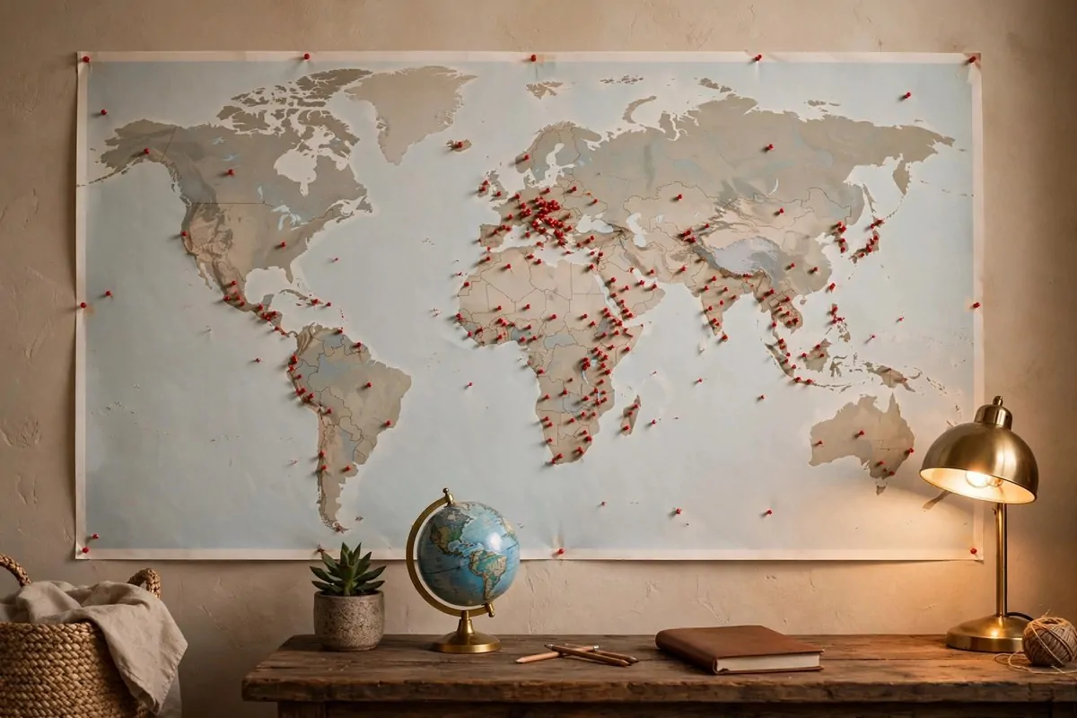 How to Organize My Travel Plans 1 World map on a wall covered in red pins with a small globe below