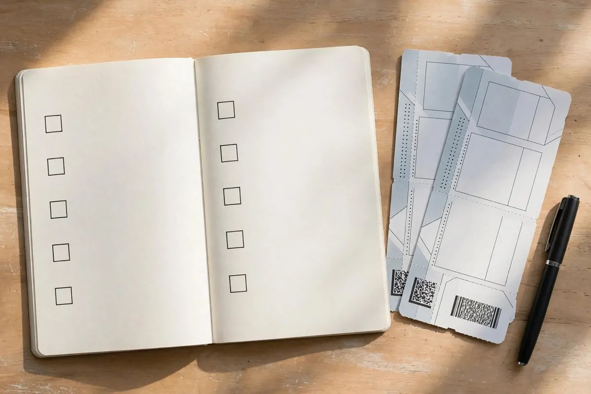 How to Organize My Travel Plans 2 Notebook with a booking checklist next to boarding passes and a pen