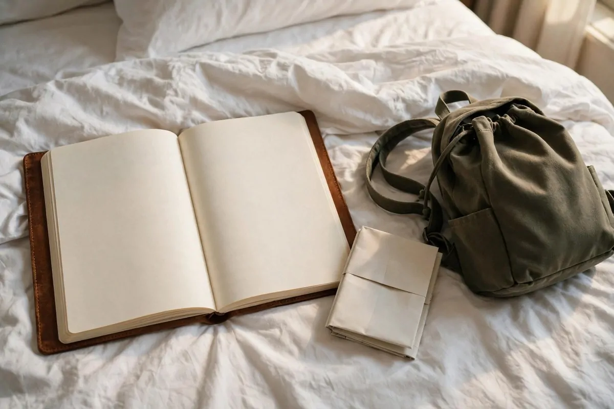 How to Organize My Travel Plans 3 Open notebook beside a folded map and backpack on a white bed