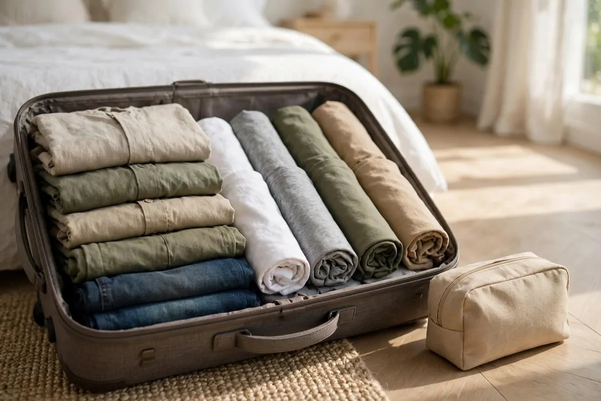 How to Organize My Travel Plans 4 Open suitcase with neatly folded and rolled clothes beside a small pouch