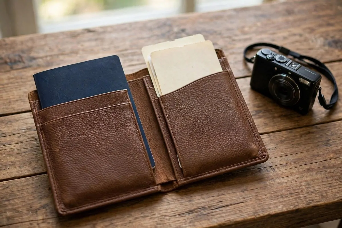 How to Organize My Travel Plans 5 Leather travel wallet holding a passport and tickets beside a camera