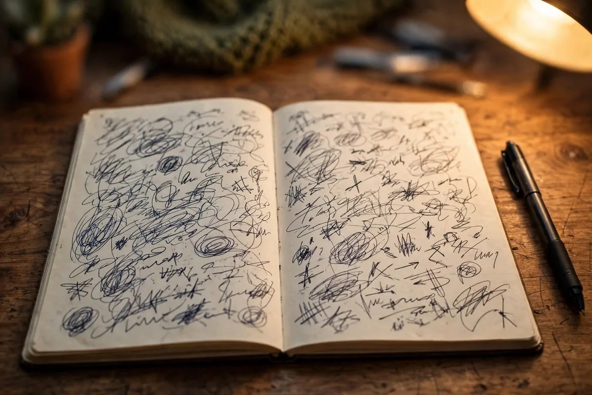 Open notebook filled with handwritten notes and a pen on a wooden desk