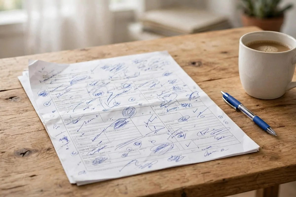 Handwritten master info sheet with account details and a coffee mug