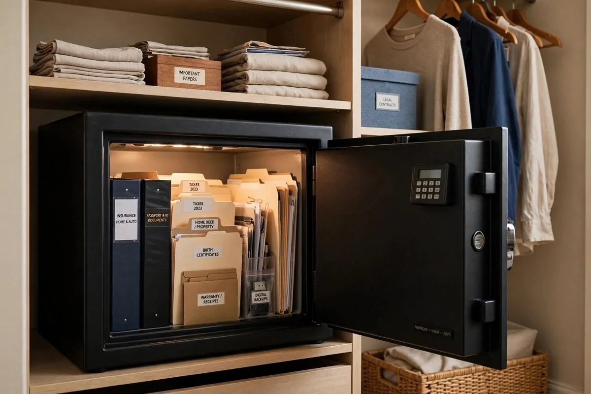 Open fireproof safe with organized document folders inside