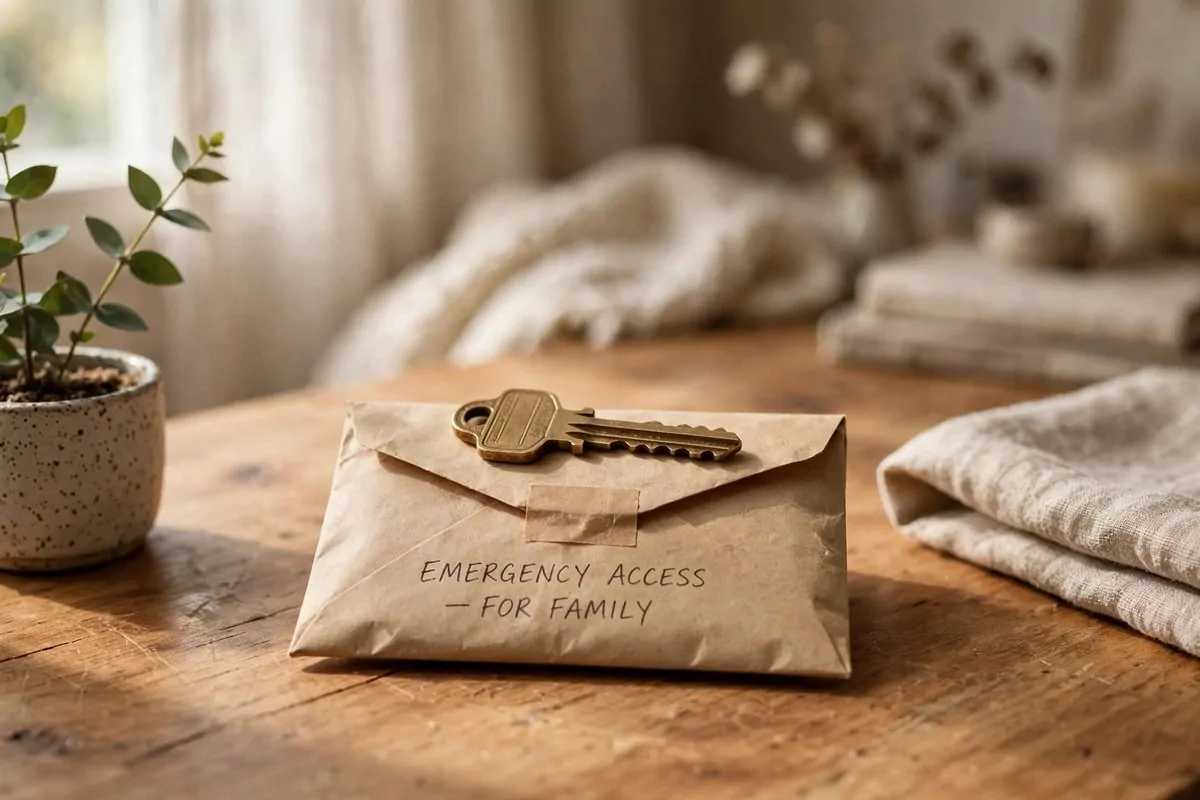 Sealed envelope labeled emergency access for family with a key on a wooden desk