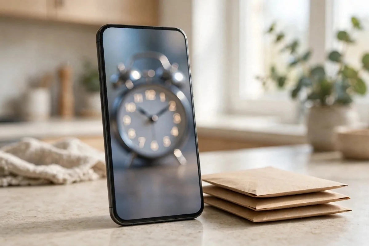 How to Organize Your Bills and Payments 4 Smartphone showing an alarm clock reminder next to a stack of envelopes