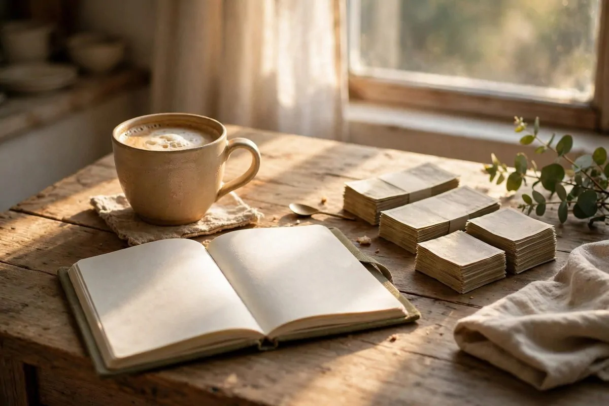 How to Organize Your Bills and Payments 5 Coffee cup, open notebook and stacks of bills on a wooden table in morning light