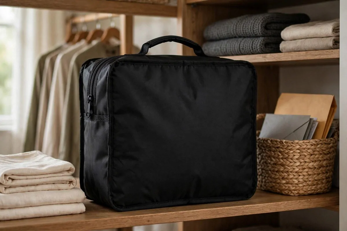 Black fireproof document bag on a closet shelf