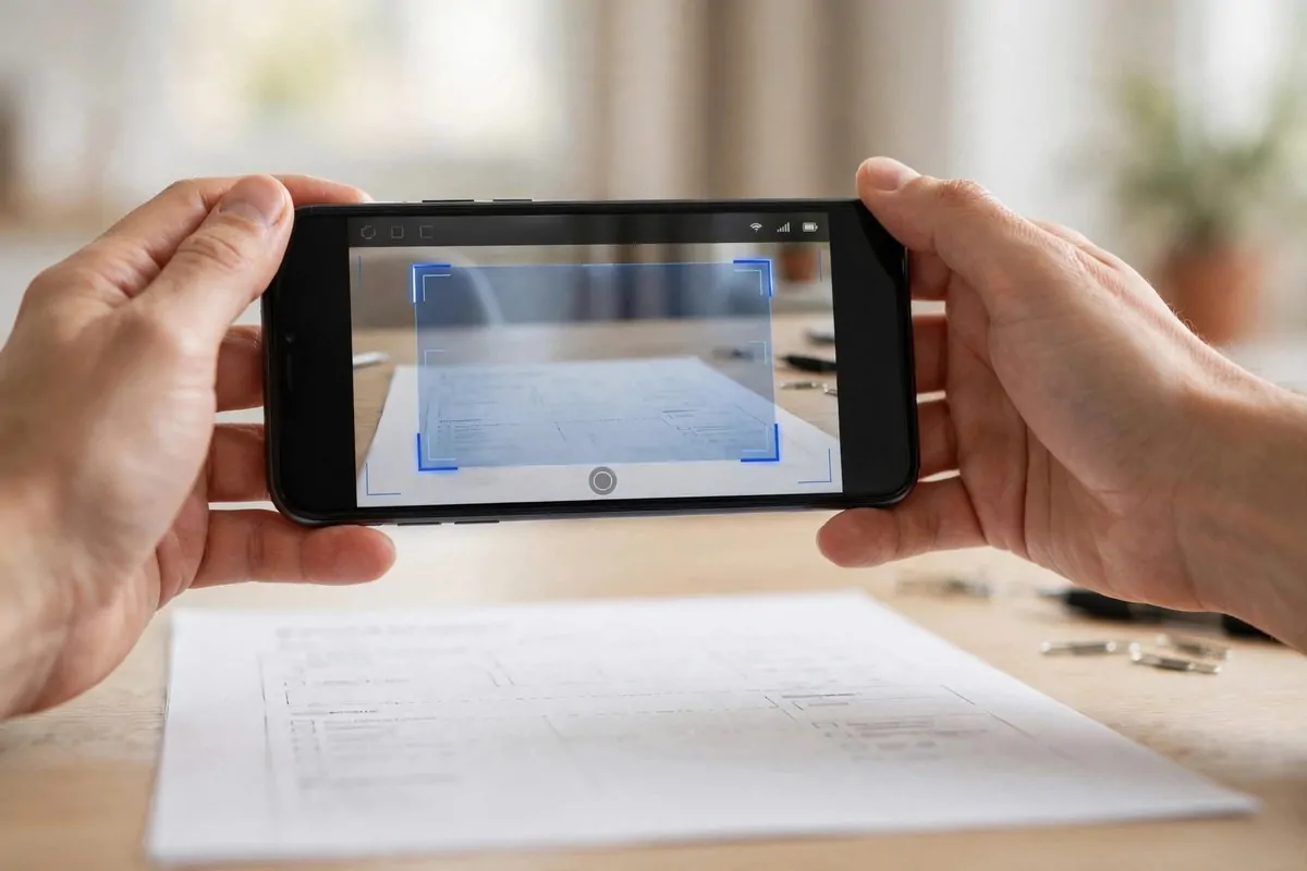 Hands holding a smartphone to scan a paper document