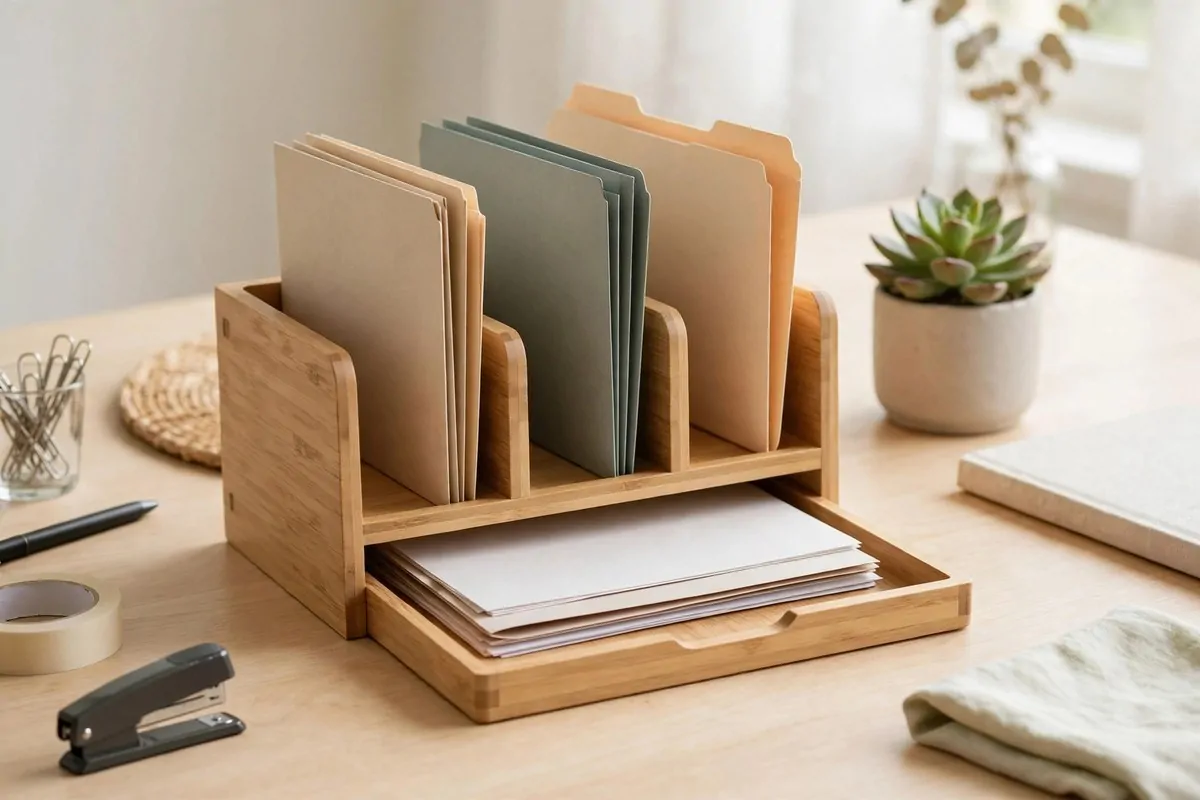 Wooden desk file organizer with labeled folders and a paper tray
