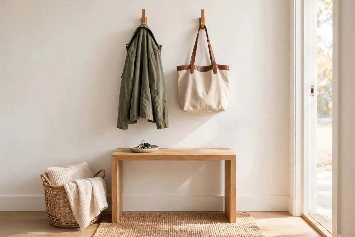 Entryway with a jacket and tote bag on wall hooks and keys in a dish on a bench