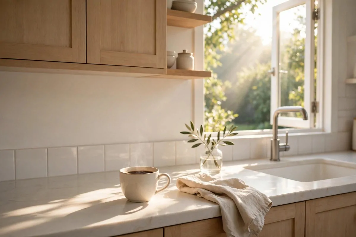 Clean kitchen counter with a coffee cup by the sink in bright morning light