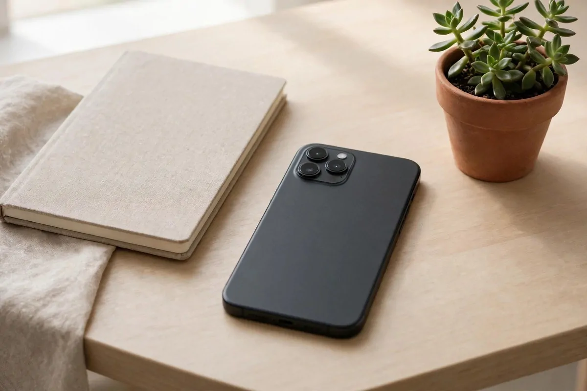 Smartphone lying on a clean desk next to a notebook and a small plant
