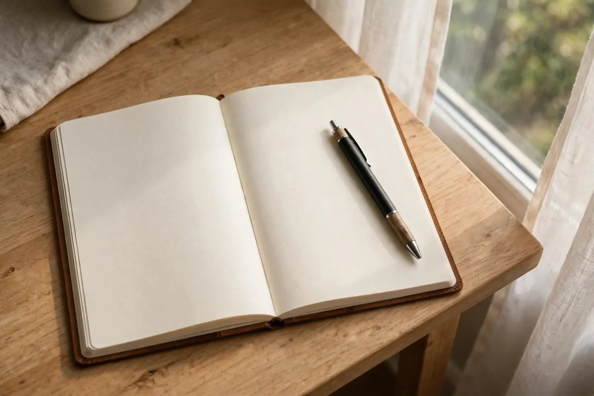 How to Stop Procrastinating and Get Organized 1 Open notebook with a pen on a clean desk, moment of honest reflection