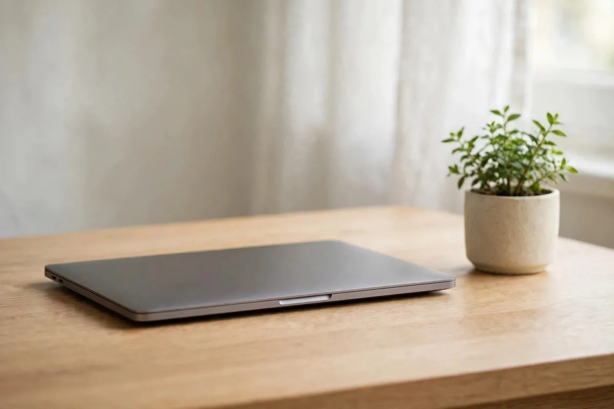 How to Stop Procrastinating and Get Organized 4 Clean uncluttered desk with closed laptop and small plant