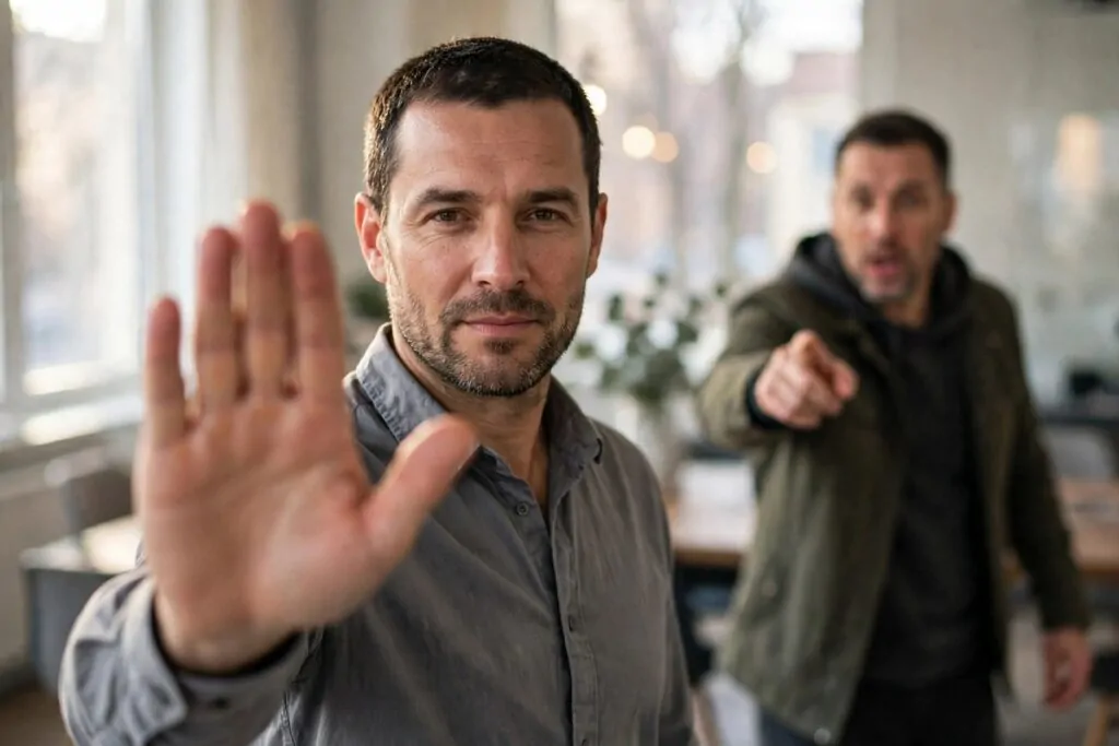 Photorealistic photo of a calm confident man holding up a firm stop palm gesture, showing how to become impossible to manipulate and protect your mind from pressure.