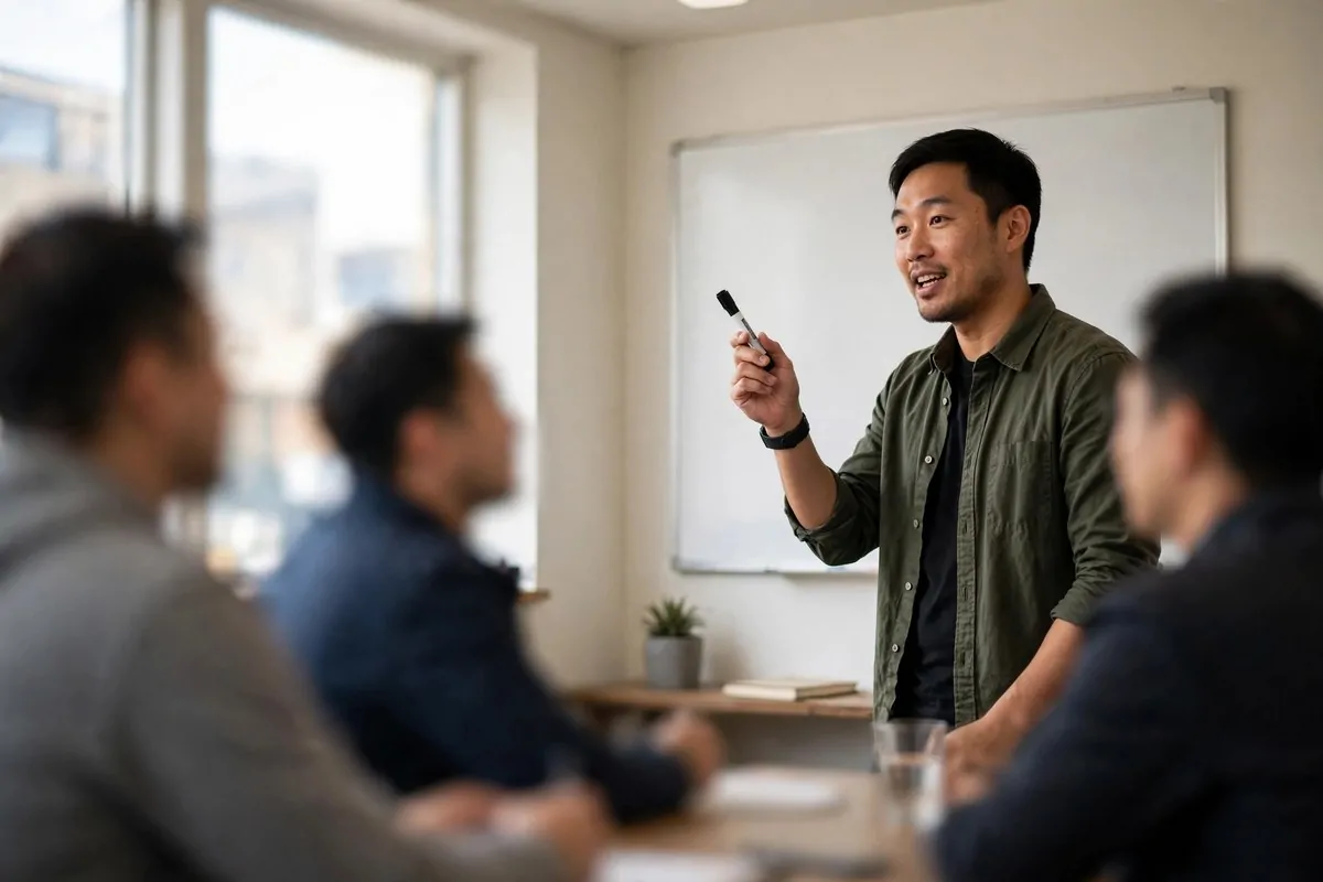 10 Income-Building Skills Most People Never Learn (But Wish They Had) 1 Photorealistic photo of a confident professional speaking up in a meeting, illustrating income-building skills most people never learn