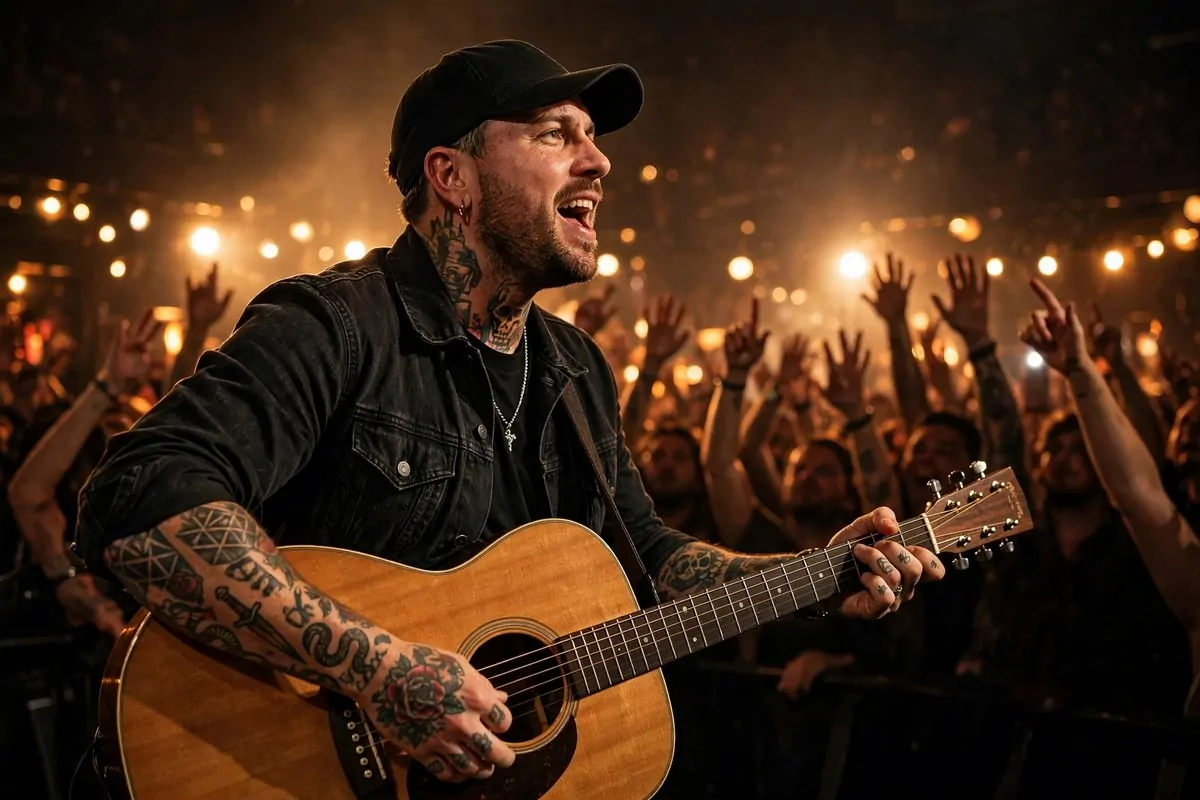 Photorealistic photo of a tattooed country singer performing on stage with a guitar under warm crowd lights, for the jelly roll net worth story