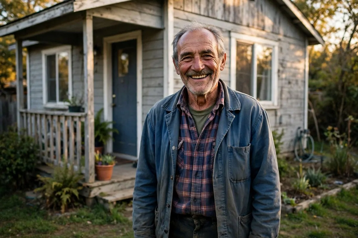 Photorealistic photo of a dignified older man in simple work clothes standing proudly in front of the modest neat house he owns, showing real lessons from people who moved from working class to upper class