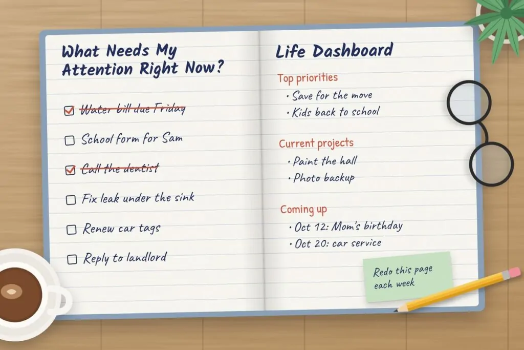 14 Life Notebook Sections Everyone Should Have 2 Handwritten notebook page titled What Needs My Attention Right Now with checked off tasks, next to a Life Dashboard page with priorities, projects and upcoming dates