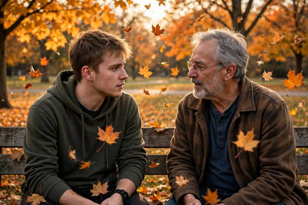 10 Life Lessons Men Need to Learn Early (Before Life Teaches Them the Hard Way) 1 Photorealistic photo of a young man in his twenties learning from an older mentor on a park bench in warm autumn light, showing life lessons men need to learn early